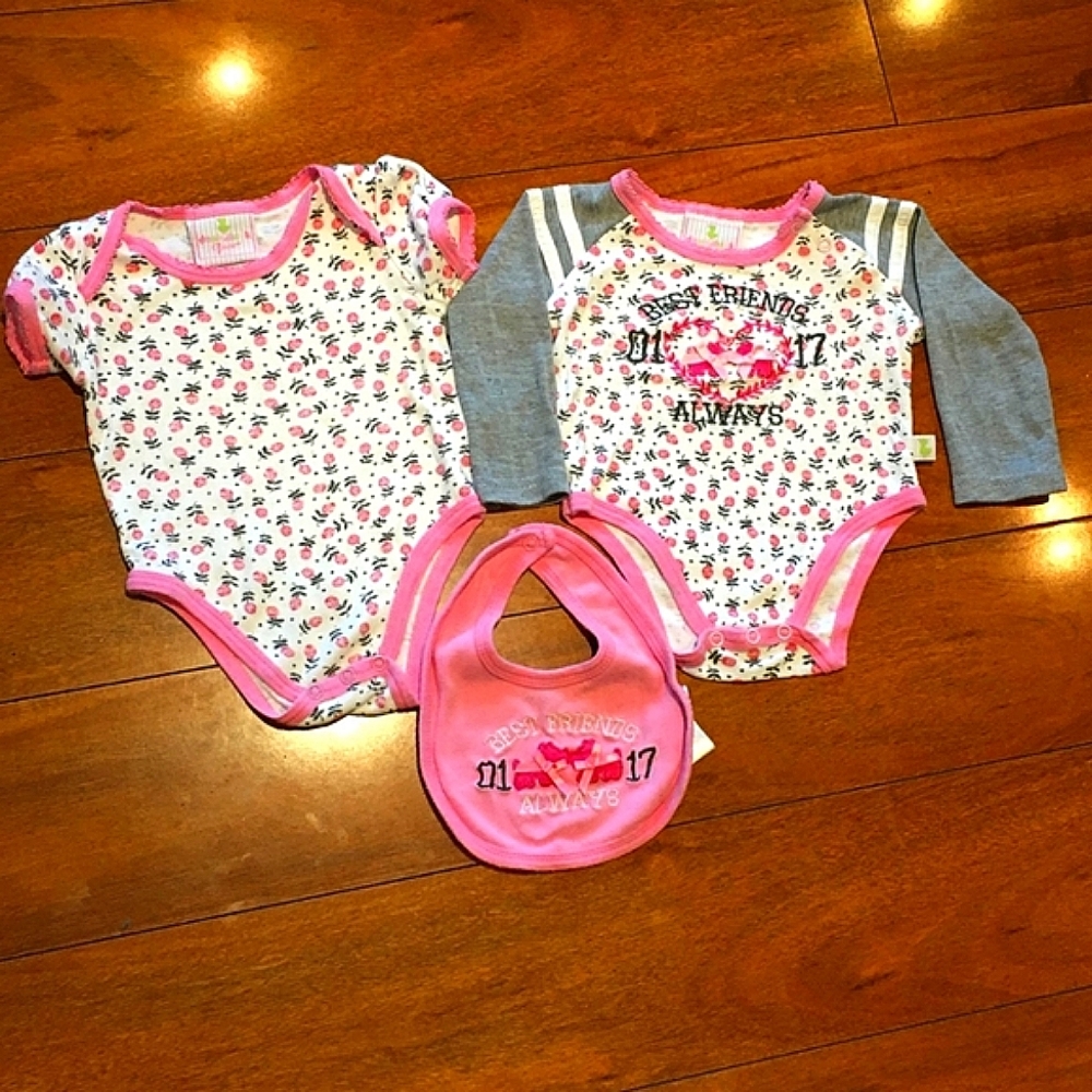 Duck Duck Goose Pink Roses 3 Piece Onesie Set 6-9m